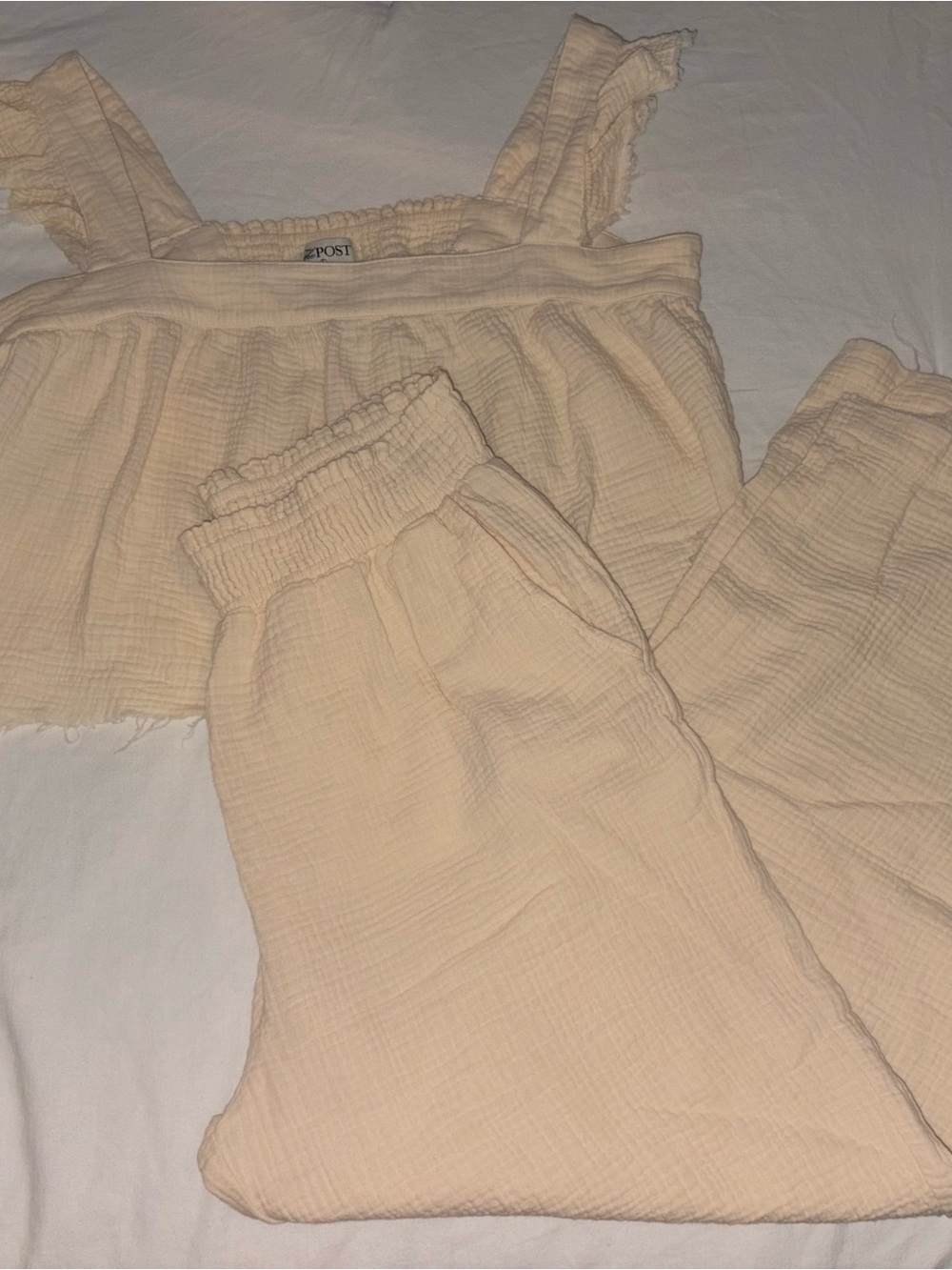 The POST Cream Gauze Smocked Tank & Wide-Leg Pajama Set